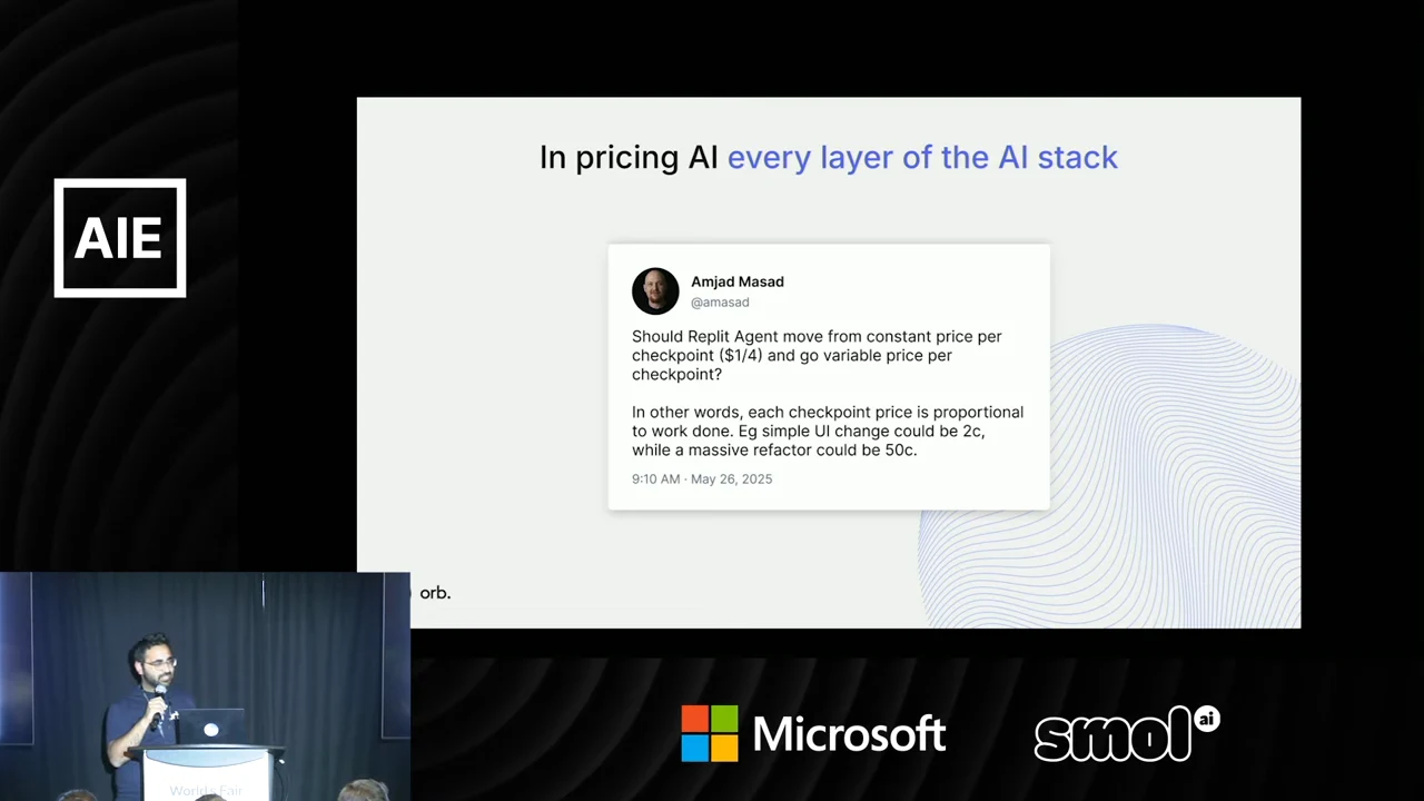 Slide containing Amjad Masad’s post about checkpoint pricing, contrasting a simple UI change with a large refactor.
