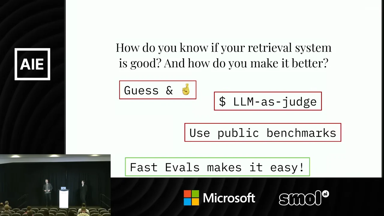 Slide asks how to evaluate and improve retrieval, with three red-outlined options and a green-outlined “Fast Evals makes it easy!” statement.