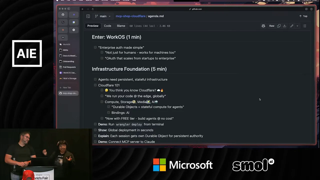 GitHub agenda showing Infrastructure Foundation notes, including persistent stateful infrastructure, Durable Objects, AI bindings, and deployment steps.