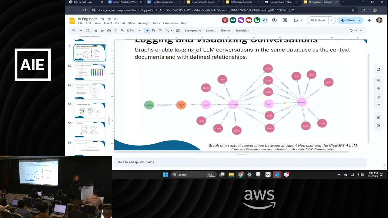 Slide in Google Slides showing a chain of colored nodes connected to two clusters of document nodes.