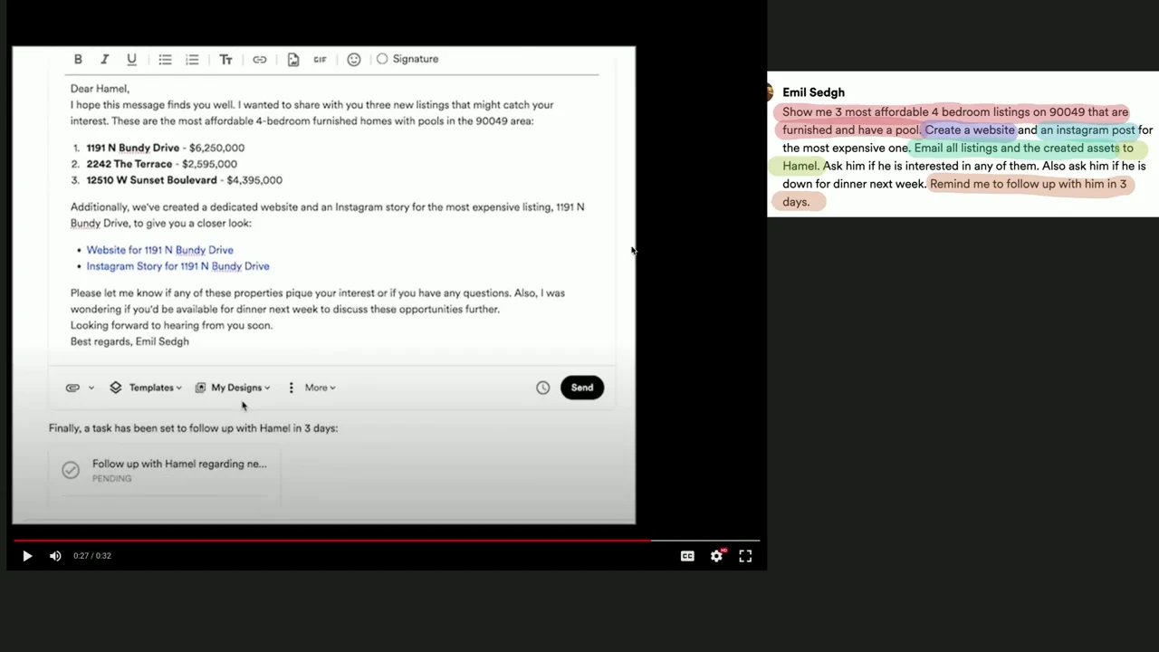 Email draft lists three properties, links to a website and Instagram story, asks about dinner availability, and appears above a pending follow-up task; the highlighted original request remains alongside.