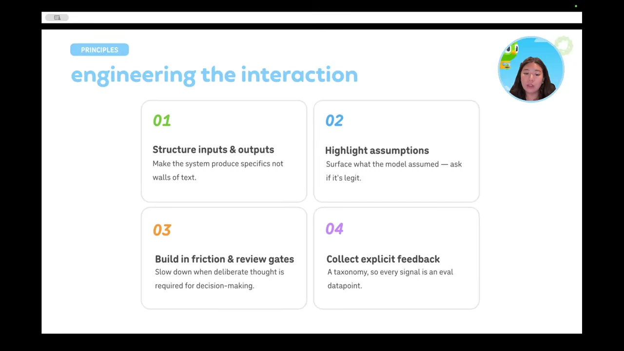 Four numbered cards list structure inputs and outputs, highlight assumptions, build in friction and review gates, and collect explicit feedback.