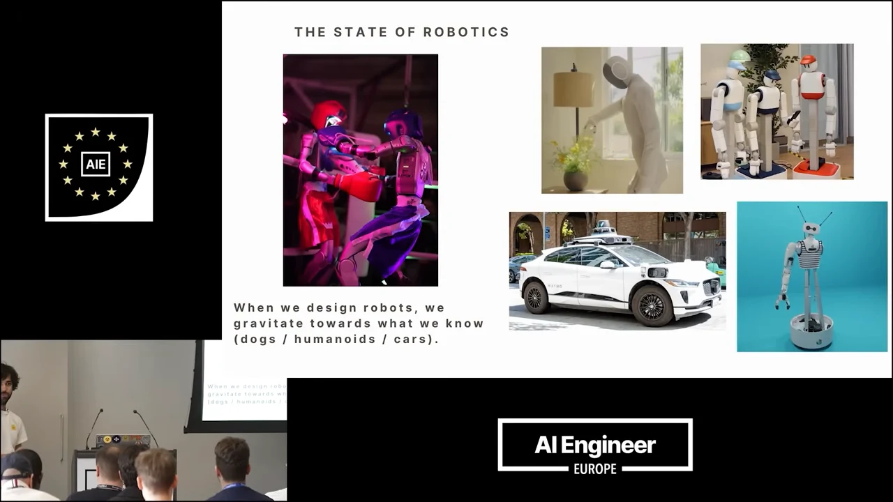 The State of Robotics slide shows boxing robots, humanoids, a white car, and a wheeled robot, with text about imitating familiar forms.