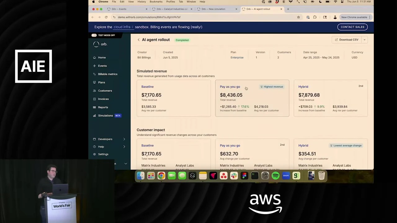Completed AI agent rollout report showing Baseline, Pay as you go, and Hybrid cards under Simulated revenue and Customer impact.