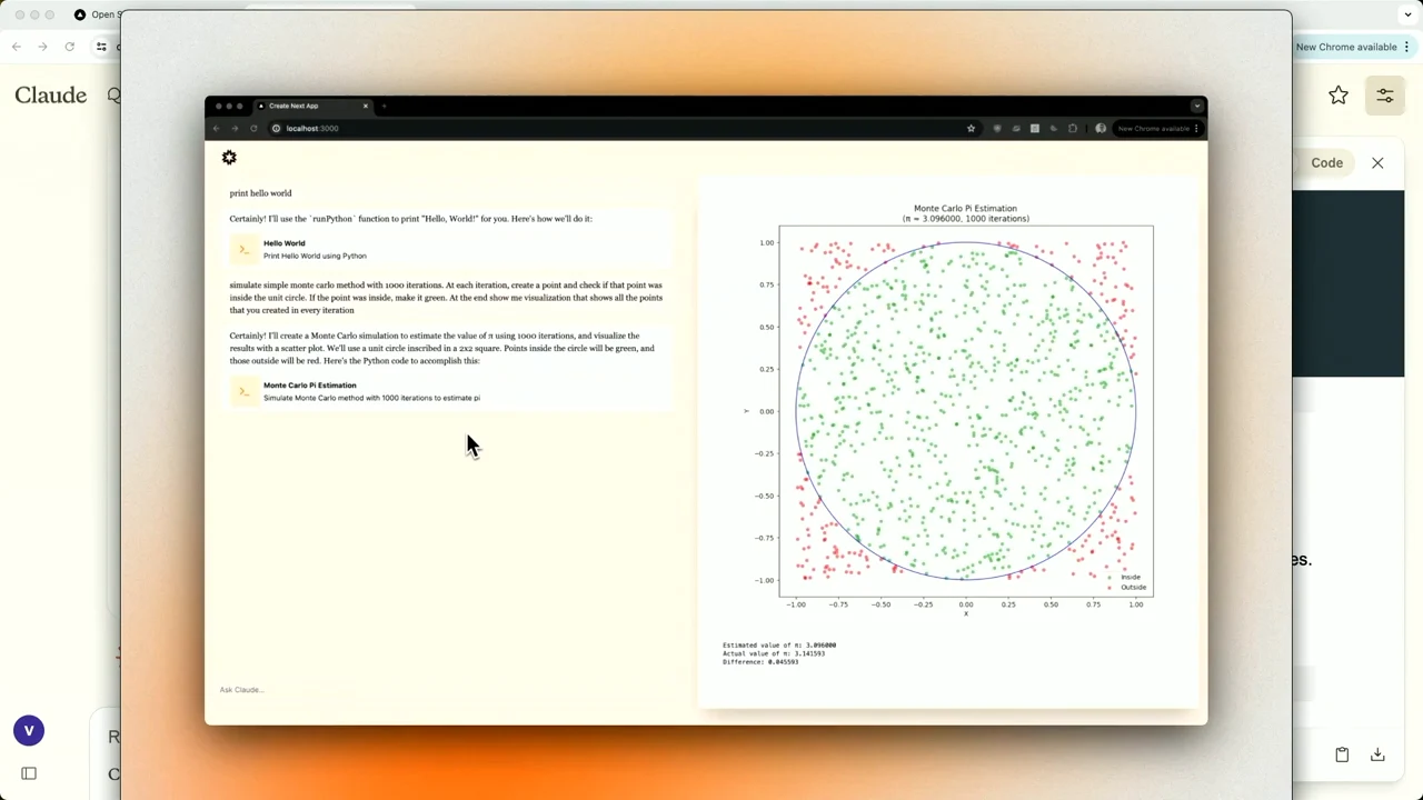 Demo window with chat on the left and red and green scatter points around a blue circle on the right.