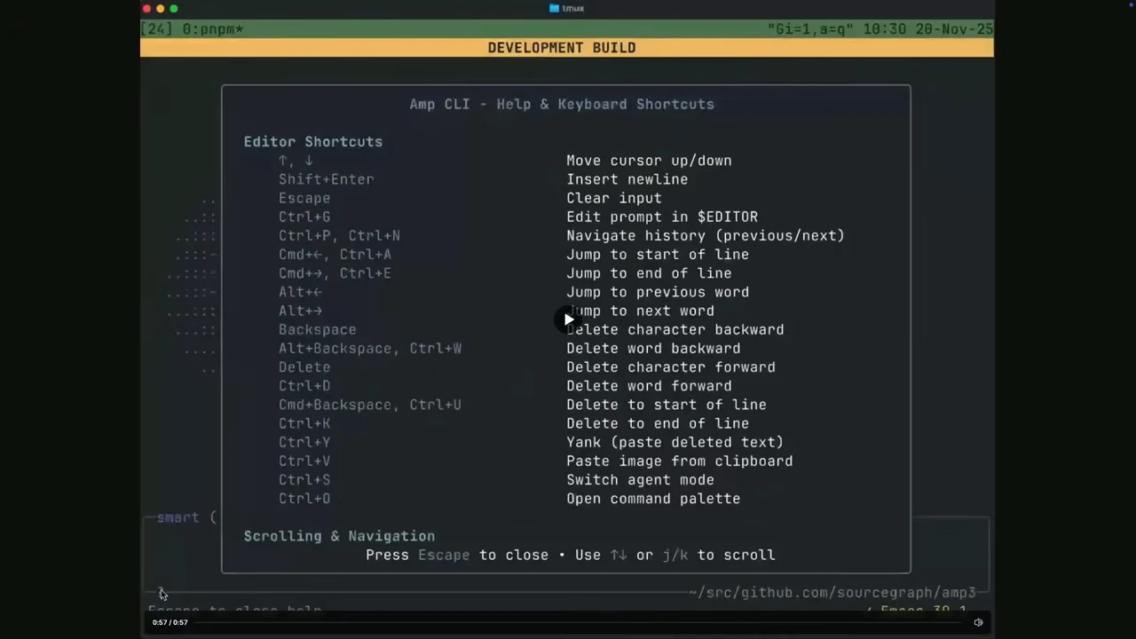 Terminal showing an Amp CLI help panel with editor shortcuts and scrolling instructions.