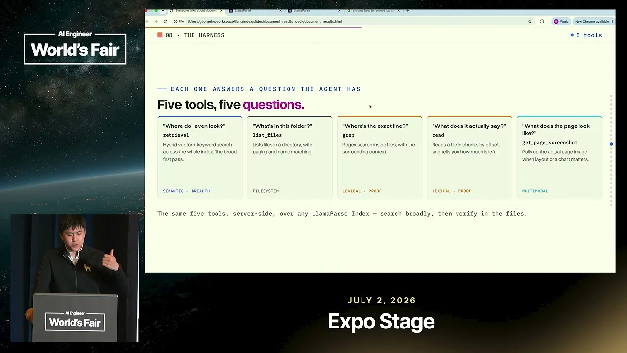 Selected presentation frame from Grep or Embeddings? Agentic Search Over Company Documents — George He, LlamaIndex at 560 seconds