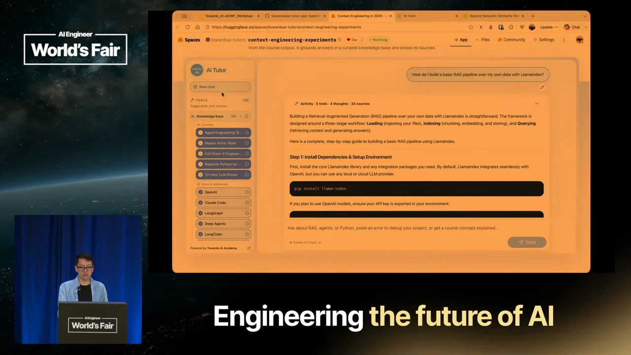 AI Tutor interface with a source-selection sidebar, a question about building a RAG pipeline with LlamaIndex, and an answer containing setup instructions and a code block.