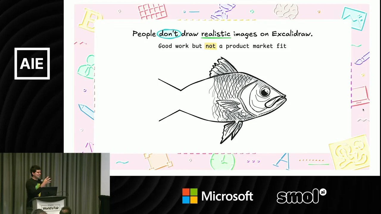 Slide stating that people do not draw realistic images on Excalidraw, above a fish with a detailed head and simple angular tail.