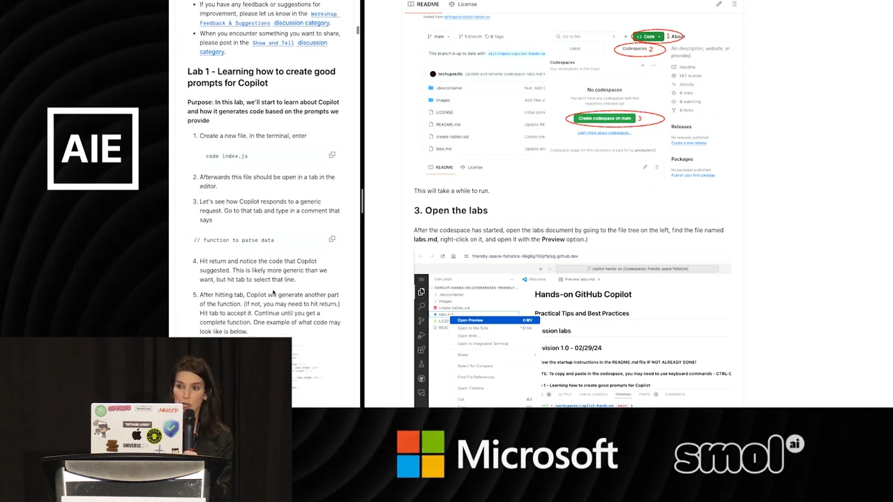 Two browser panes side by side, with Lab 1 instructions on the left and repository setup documentation on the right.