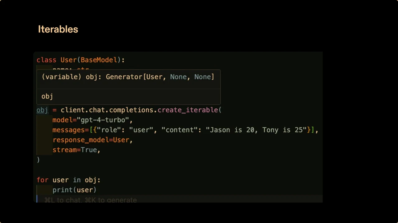 Slide titled Iterables shows a User generator type tooltip, a create_iterable call with stream=True, and a loop printing each user.