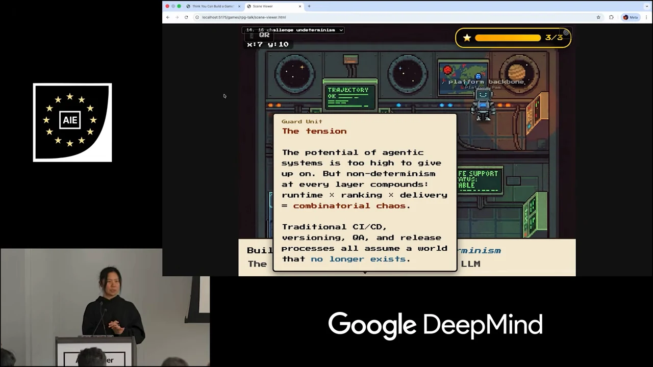 Pixel-art control room with an open dialogue describing compounding nondeterminism and the assumptions of traditional CI/CD, versioning, QA, and release processes.