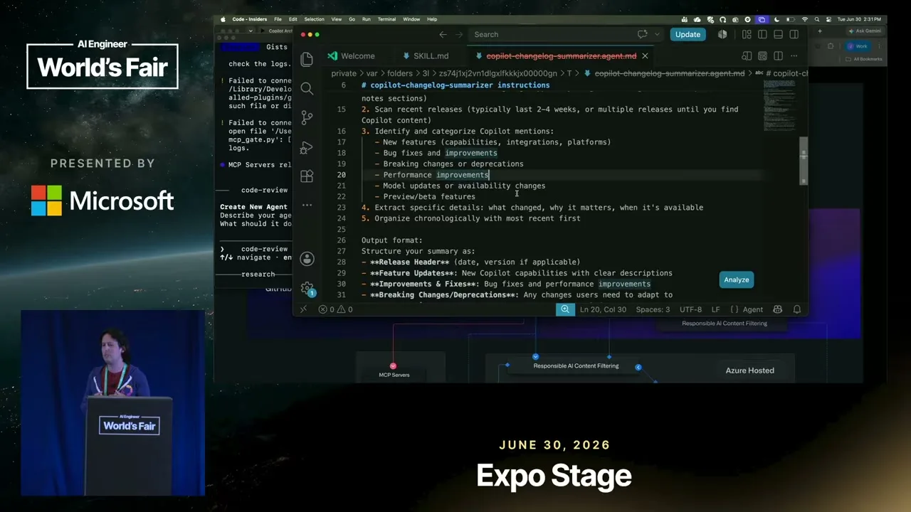 Selected presentation frame from From Your Laptop to the Pipeline: Scaling Custom Agents with GitHub Copilot at 404 seconds