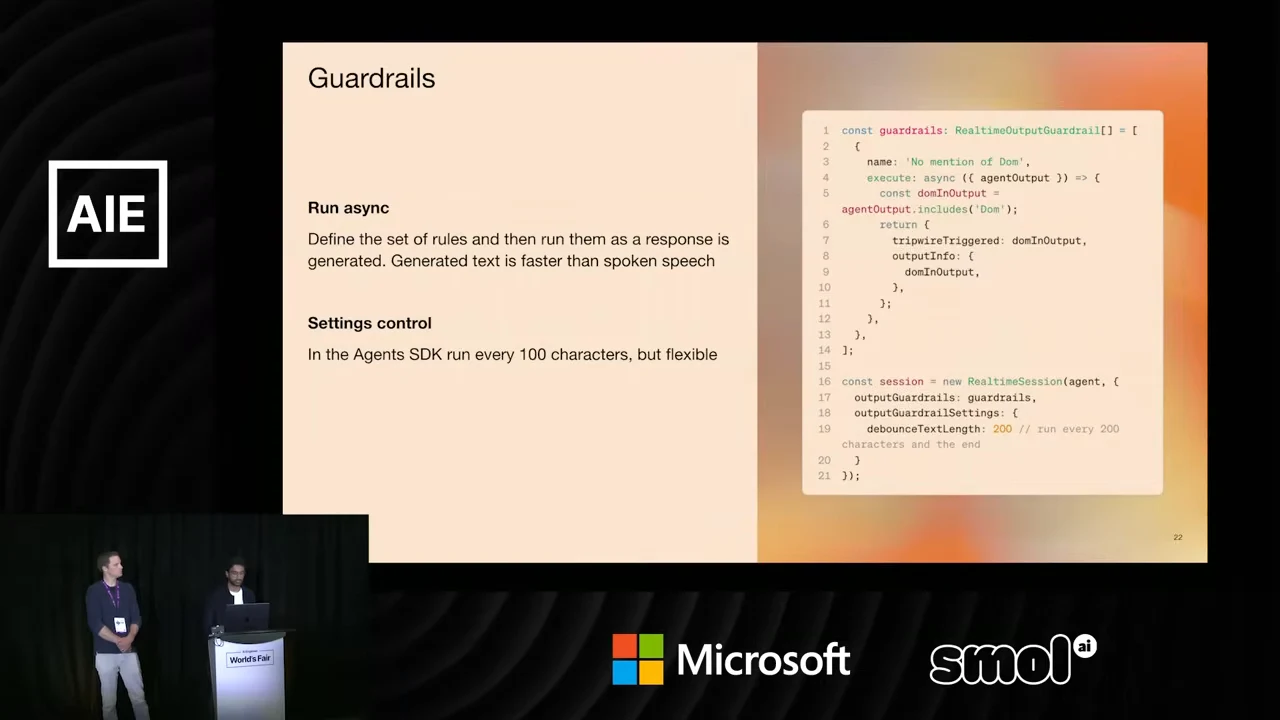 Guardrails slide with Run async and Settings control guidance beside a code example. The text says generated text is faster than spoken speech and describes a flexible check cadence of every 100 characters.