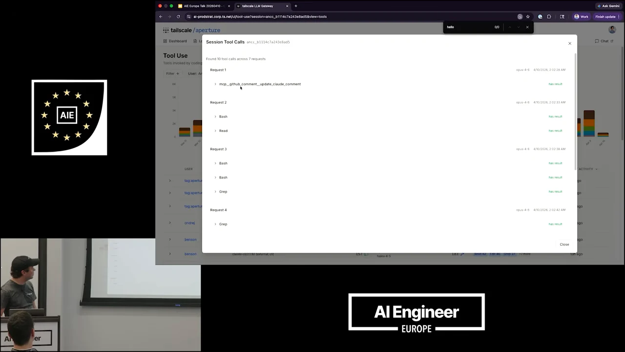 A Session Tool Calls dialog lists requests containing a comment-update tool, Bash, Read, and Grep over the Tool Use dashboard.