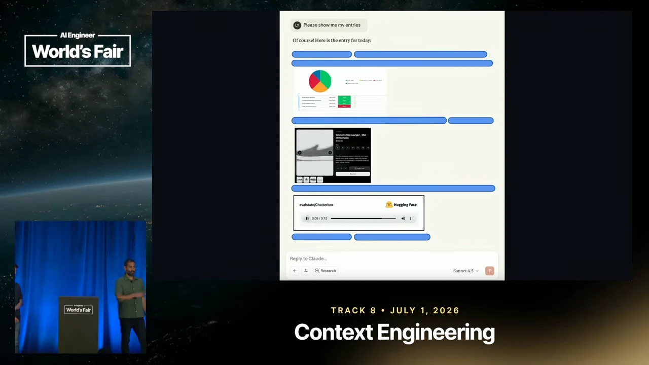 Chat mockup with blue text bars, a pie chart, a product card, and an audio player.