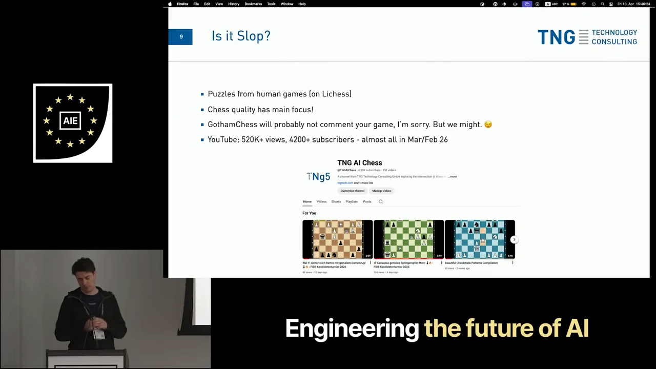 Slide lists puzzles from human games, chess quality, GothamChess, and YouTube reach above a TNG AI Chess channel screenshot with chess video thumbnails.