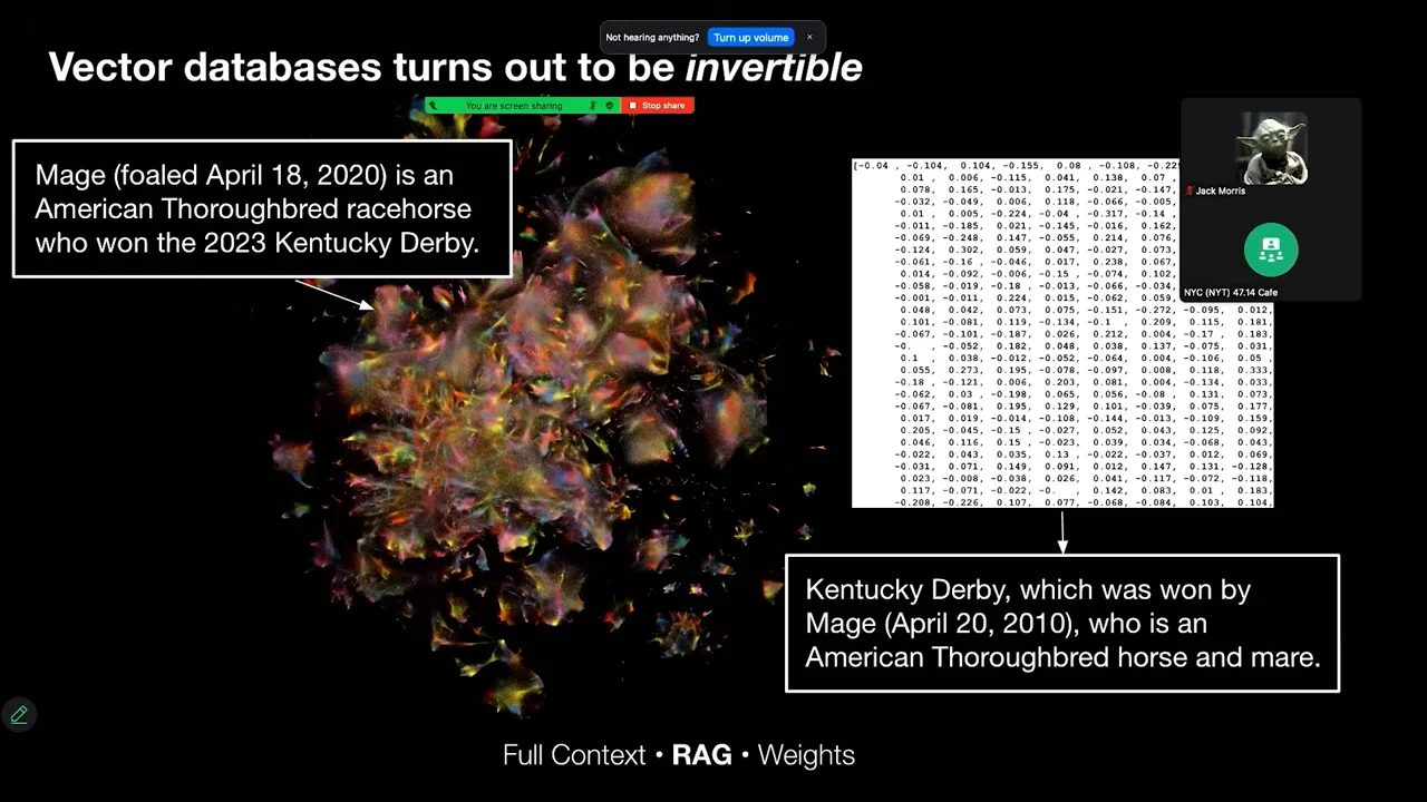 Slide shows a colored document cloud, a numerical vector, an original sentence about Mage winning the 2023 Kentucky Derby, and a reconstructed sentence with altered details.
