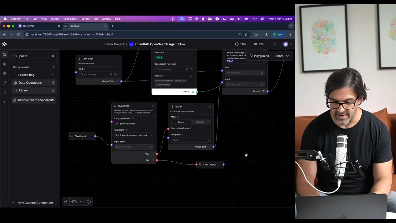 Langflow canvas showing Chat Input connected to Guardrails, a Pass connection through Parser toward Prompt Template, and a Fail connection to Chat Output.