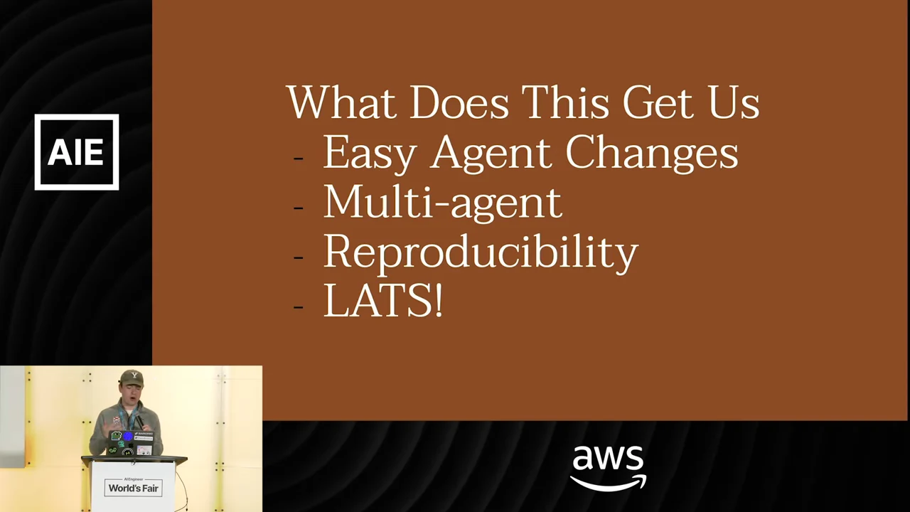 Slide titled “What Does This Get Us” lists Easy Agent Changes, Multi-agent, Reproducibility, and LATS!