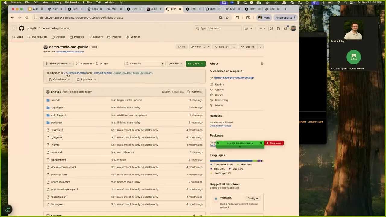 GitHub repository page for demo-trade-pro-public with finished-state selected and its folders and files listed.