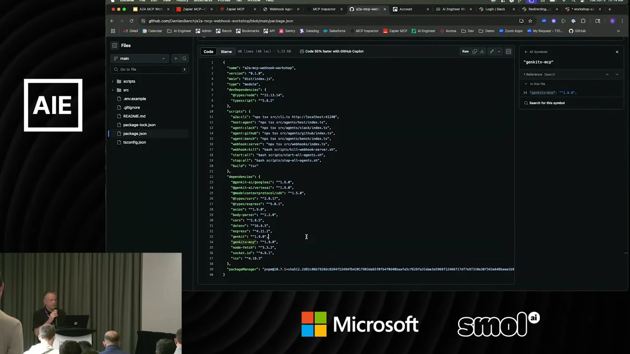 GitHub package.json view showing scripts and dependencies, with a symbols panel focused on genkitx-mcp.