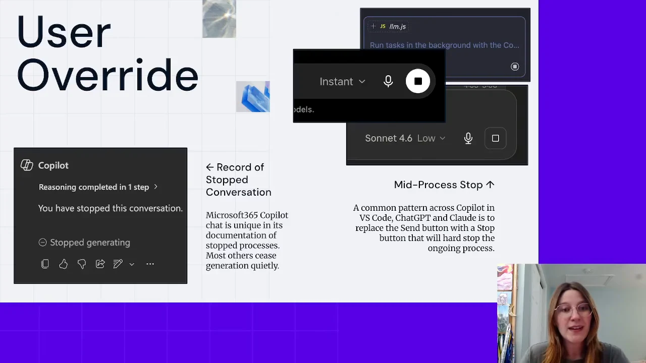 “User Override” slide with a Copilot stopped-conversation message on the left and overlapping screenshots of stop buttons on the right.