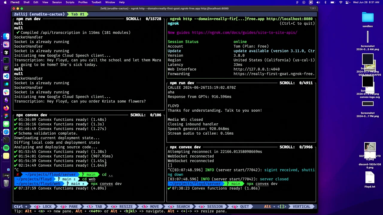 Terminal split into panes displaying transcription messages, Convex functions-ready messages, an ngrok status view, and phone-call server output.