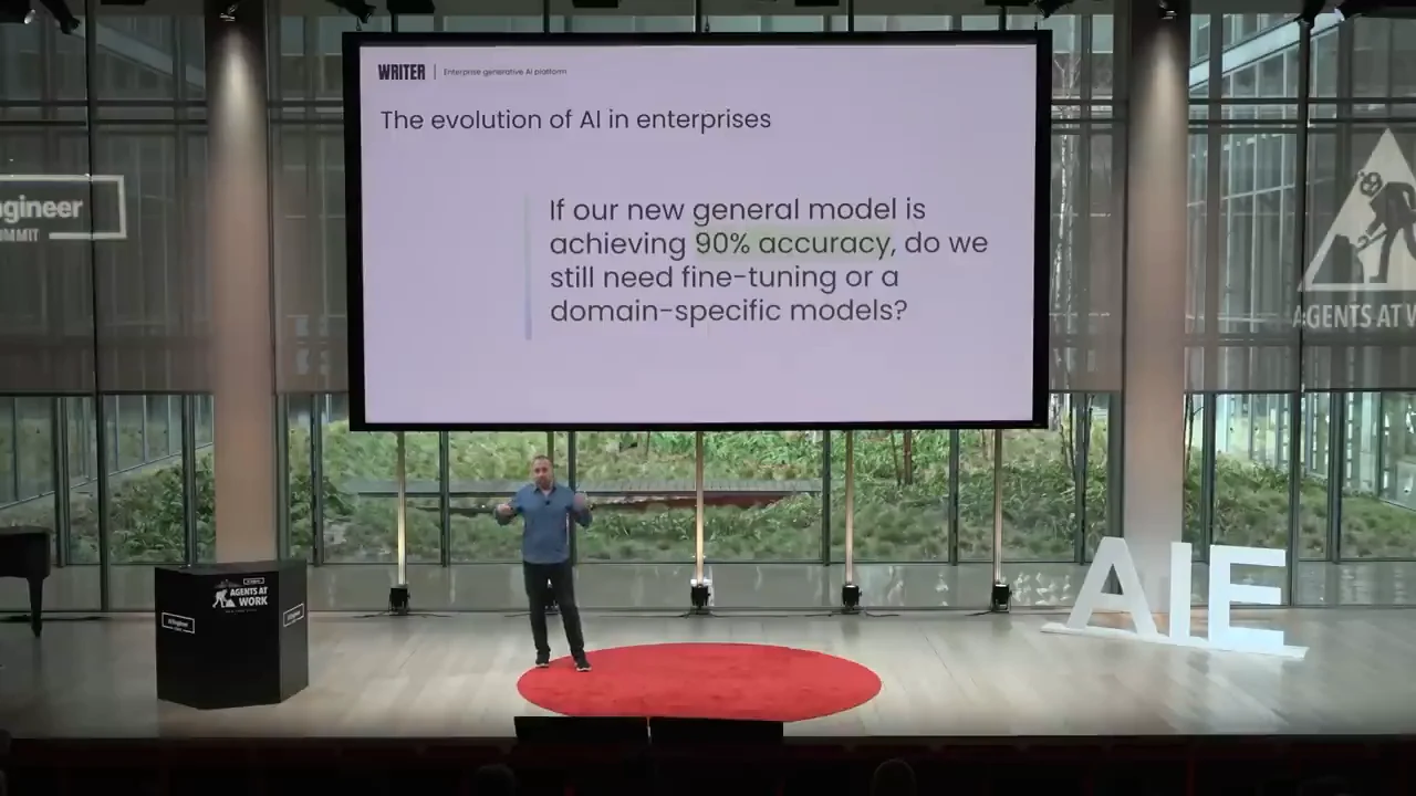 Stage screen asks whether a general model achieving 90% accuracy still needs fine-tuning or domain-specific models, with the speaker below.