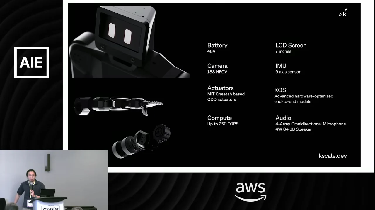 Black slide with robot head, hand, and actuator renderings alongside battery, camera, actuator, compute, display, IMU, KOS, and audio specifications.