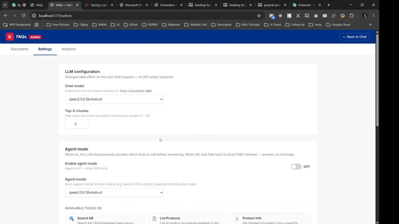 Settings page with qwen2.5:0.5b-instruct selected as the chat model, Top-K chunks set to 2, and Agent mode switched off.