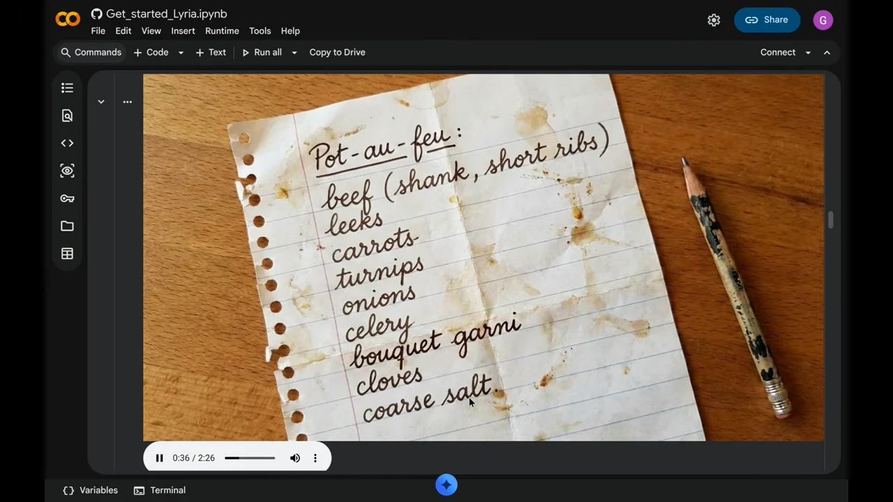 Colab displays a photograph of a handwritten pot-au-feu ingredient list beside a pencil, with audio playback controls underneath.