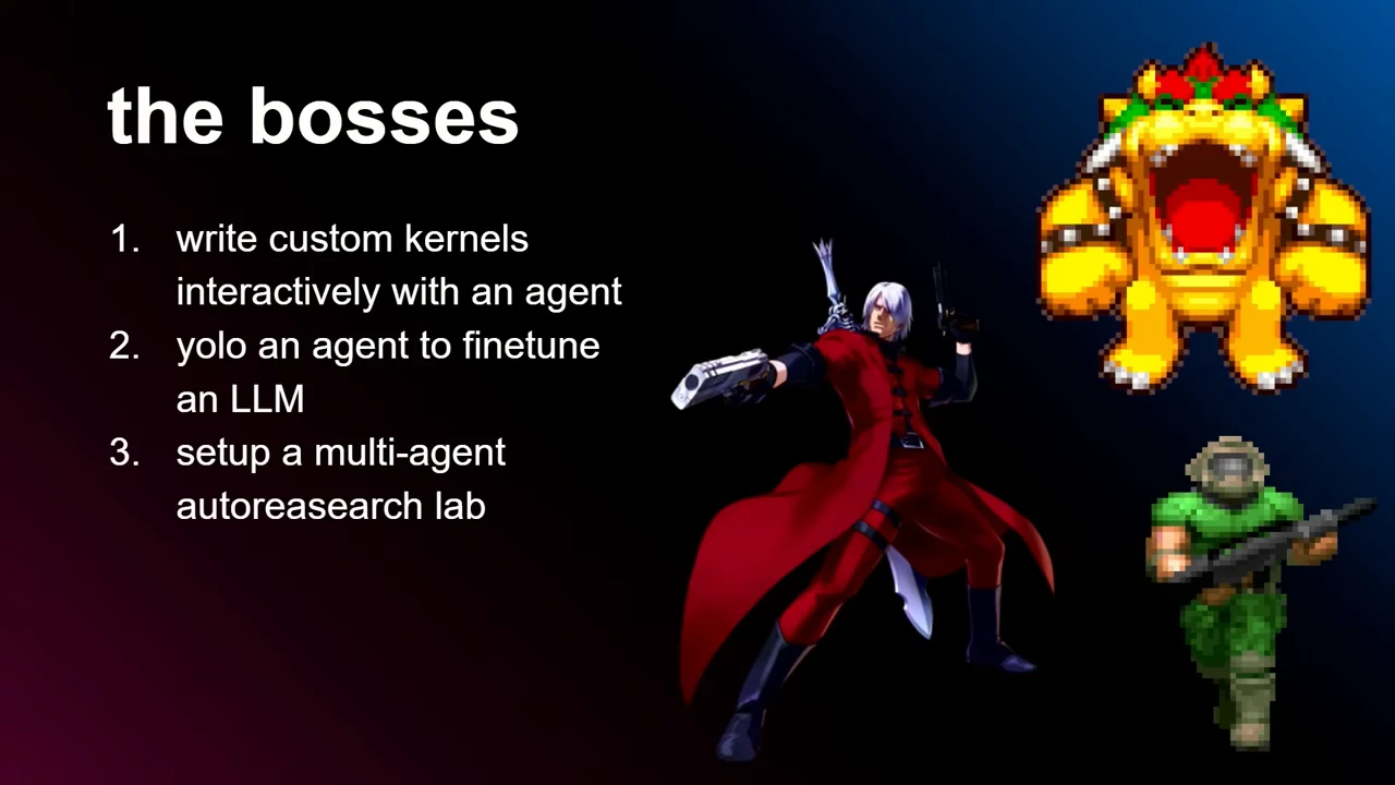 Slide titled “the bosses” lists three coding-agent challenges beside three video game characters.