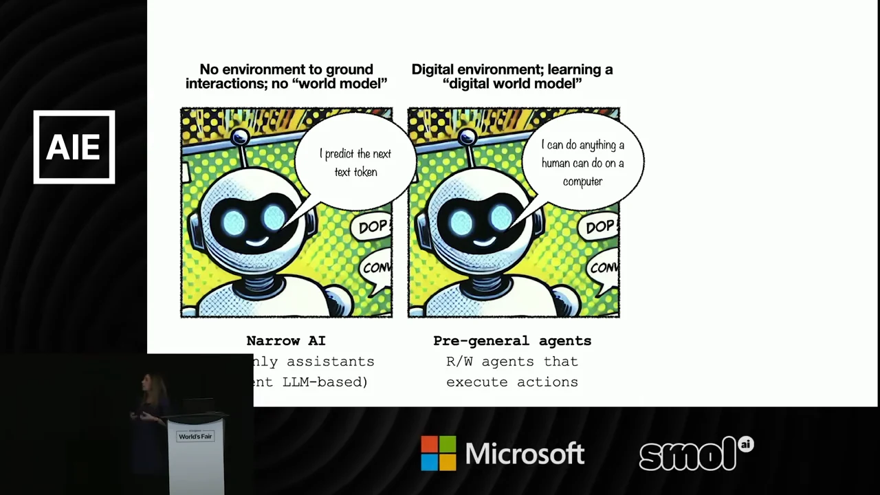 Two robot panels contrast predicting the next text token without a world model with acting on a computer while learning a digital world model.
