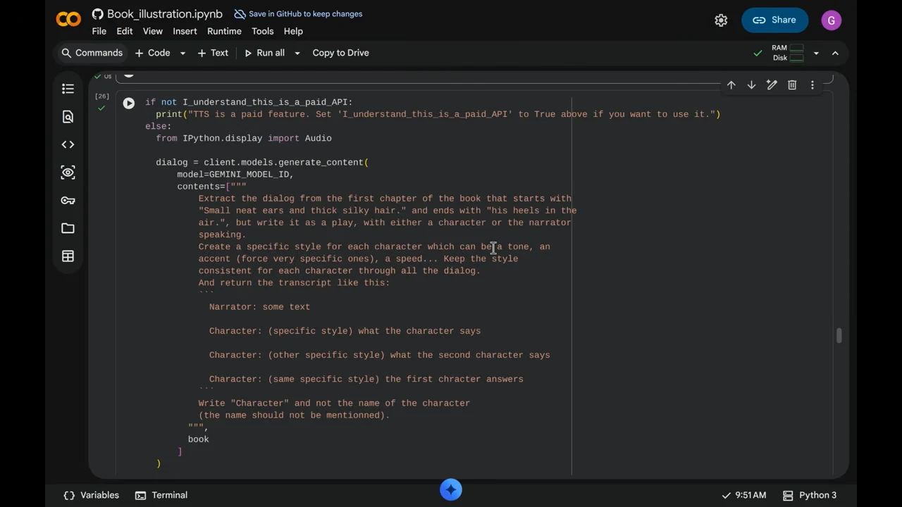 Colab code cell requests dialogue formatted as a play, with narrator and character lines and consistent character speaking styles.