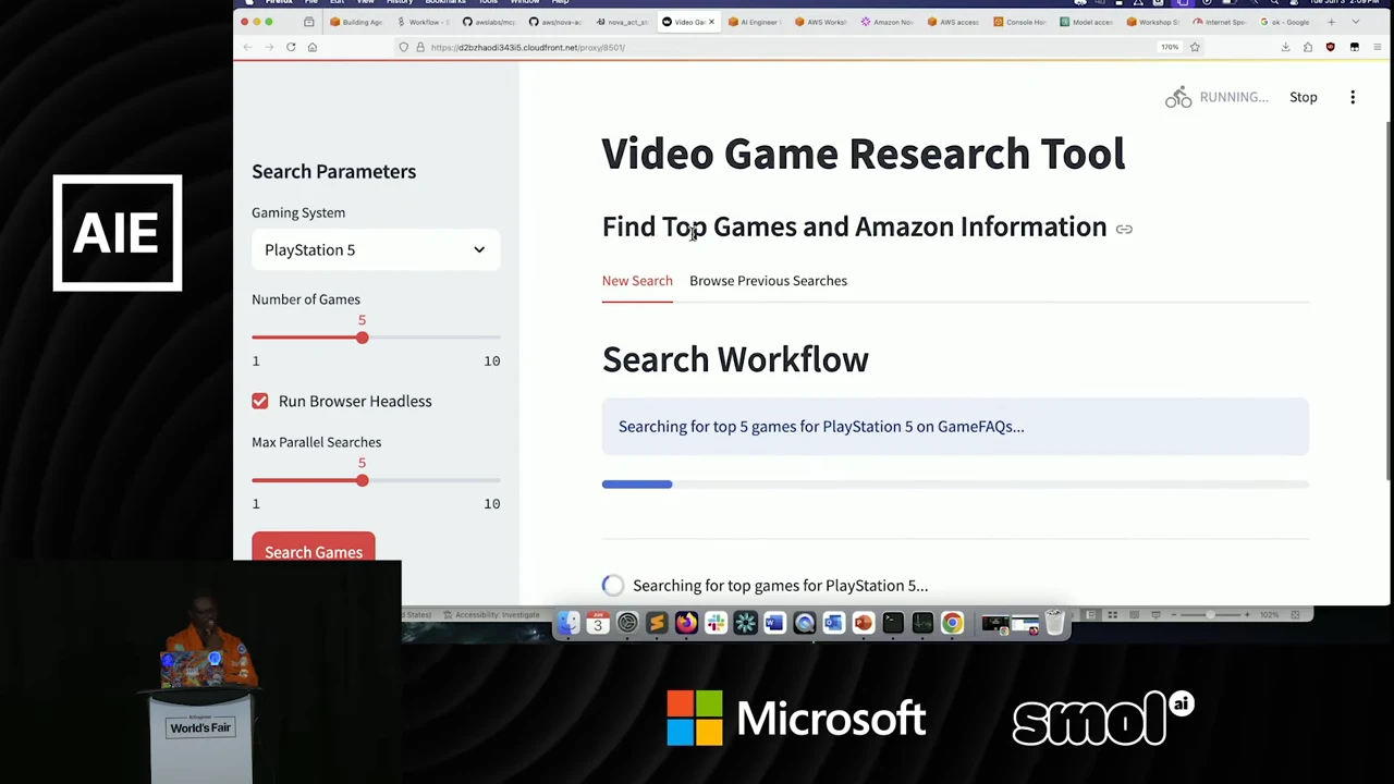 Video Game Research Tool showing PlayStation 5 search settings, a checked headless-browser option, and an active search progress bar.