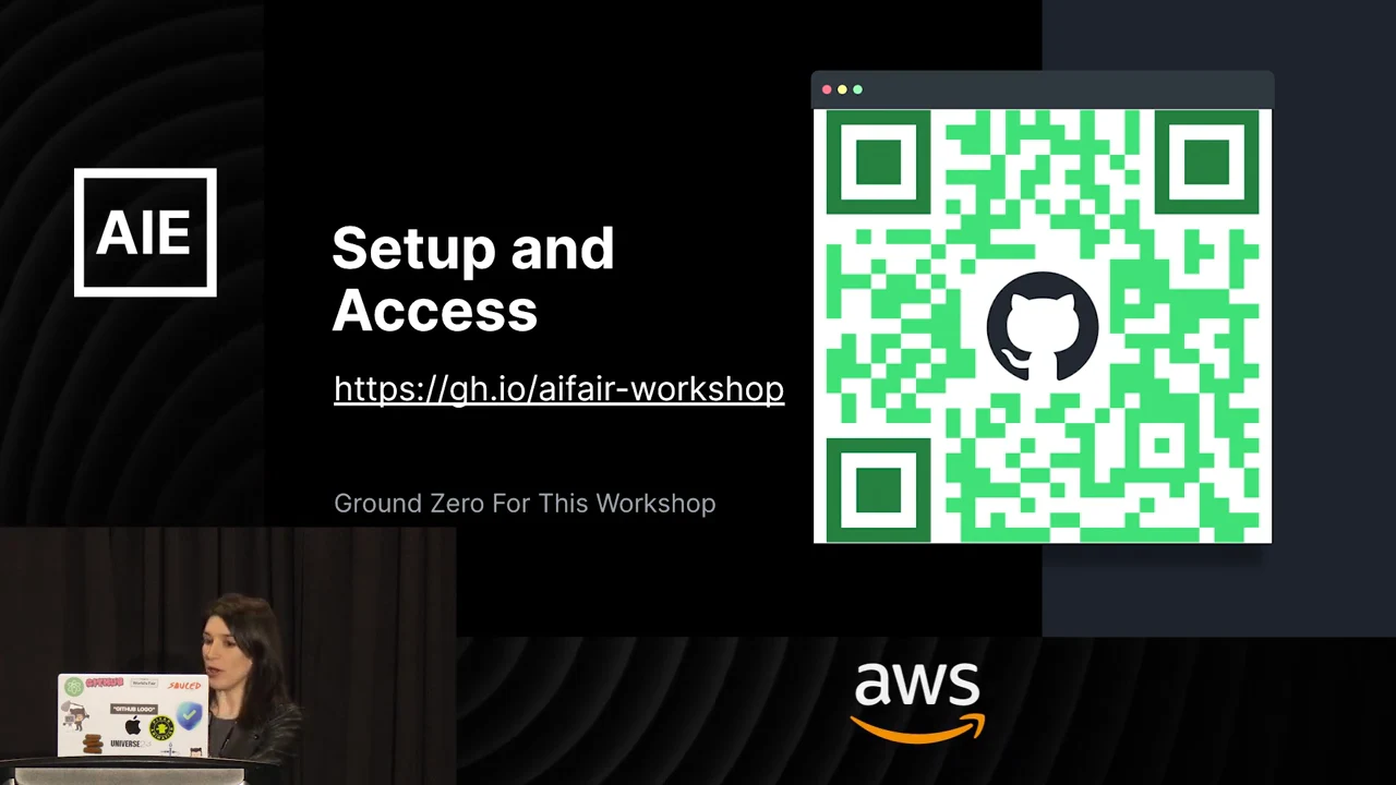 Setup and Access slide displaying https://gh.io/aifair-workshop beside a green QR code.