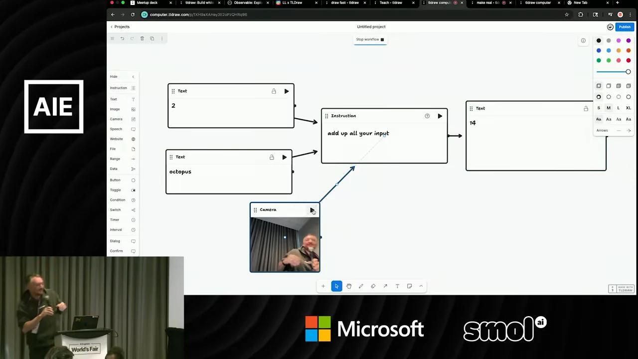 Nodes containing 2, octopus, and a camera view connect to “add up all your input,” which connects to an output showing 14.