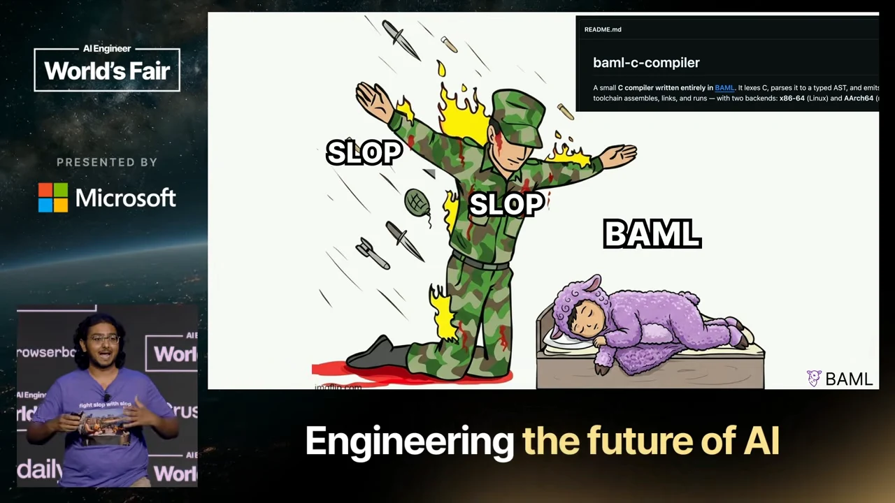 Cartoon soldier labeled SLOP shields a sleeping purple figure labeled BAML; an upper-right README excerpt is headed “baml-c-compiler.”