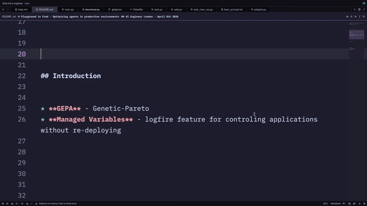Editor showing an Introduction heading and bullets for GEPA, Genetic-Pareto, and managed variables for controlling applications without re-deploying.