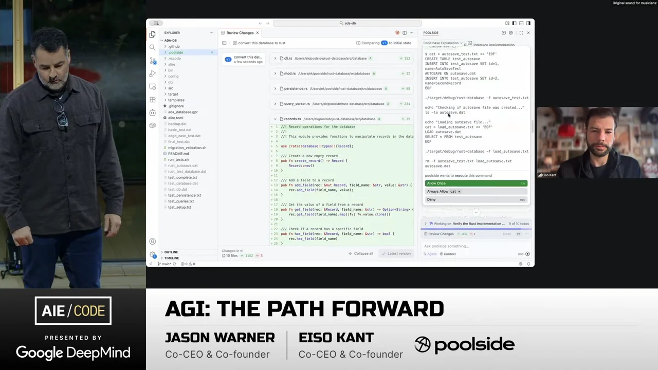 A green code diff fills the editor while the Poolside pane shows a proposed test command and an Allow Once control.