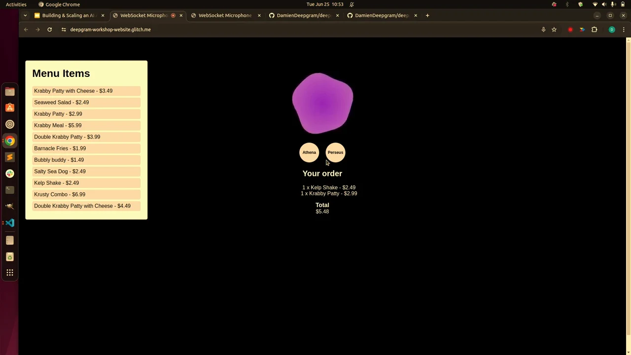 Browser demo with a menu on the left and a purple shape above voice buttons and an order containing one Kelp Shake and one Krabby Patty.