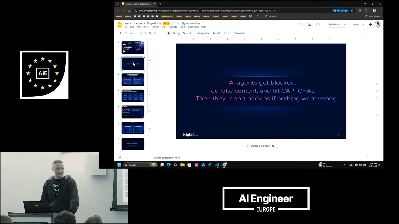 Slide stating that AI agents get blocked, receive fake content, and hit CAPTCHAs, with the speaker inset below.