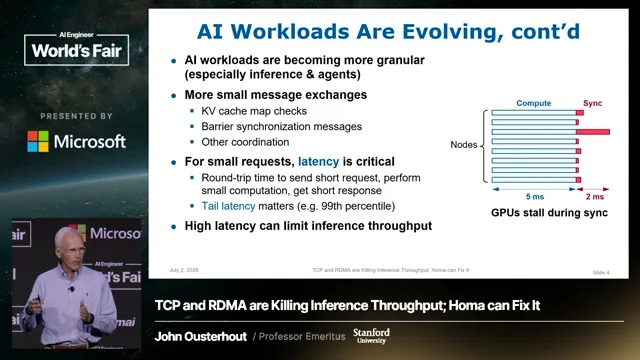 Selected presentation frame from Homa: The End of TCP for AI Clusters — John Ousterhout, Stanford at 297 seconds