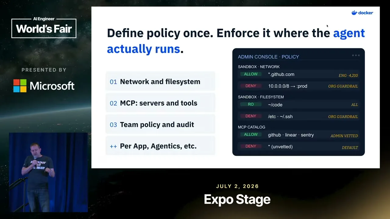Selected presentation frame from YOLO Mode, Safely: MicroVM Sandboxes for Any Agent — Rowan Christmas, Docker at 543 seconds