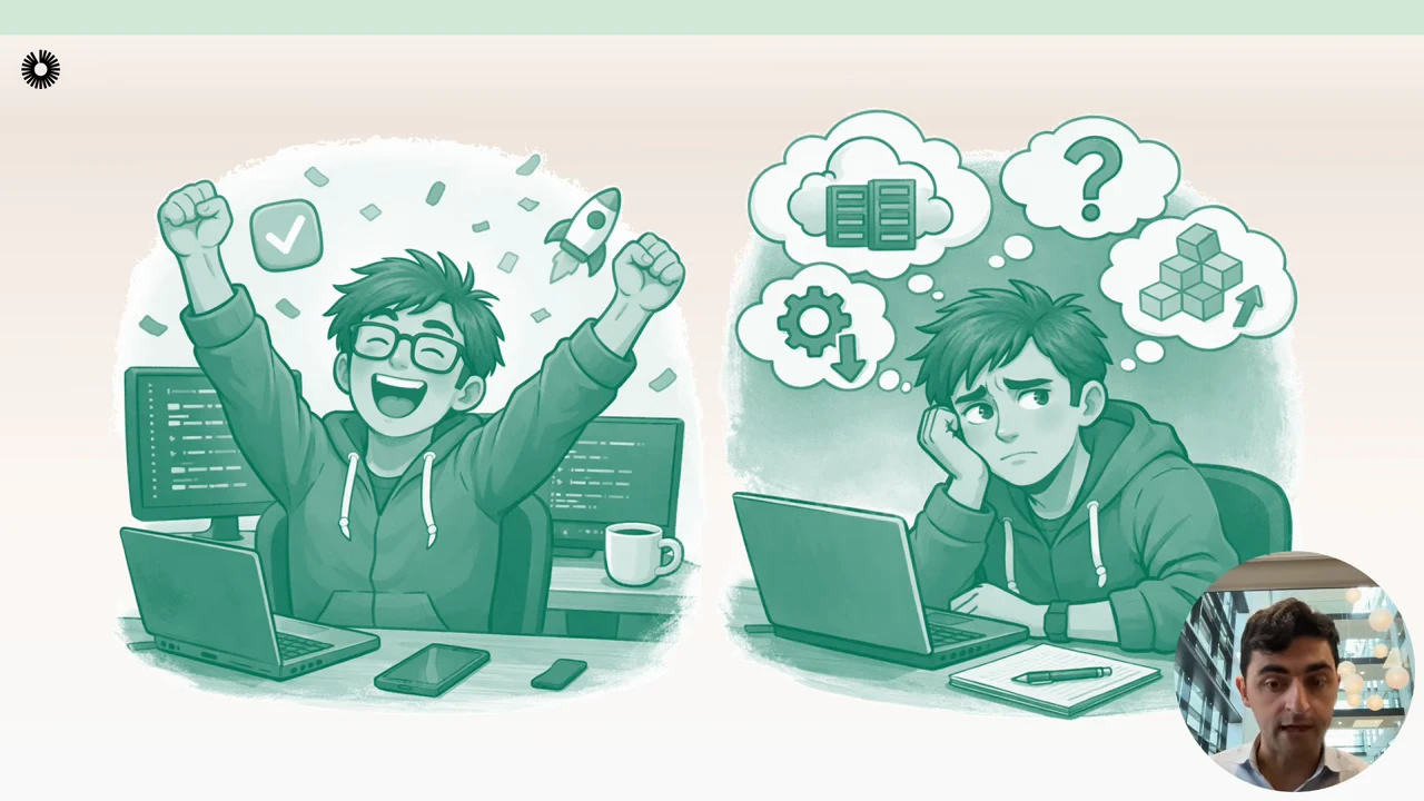 Two illustrated developers at laptops: one celebrates beneath a check mark and rocket; the other looks puzzled beneath thoughts of servers, a gear, blocks, and a question mark.