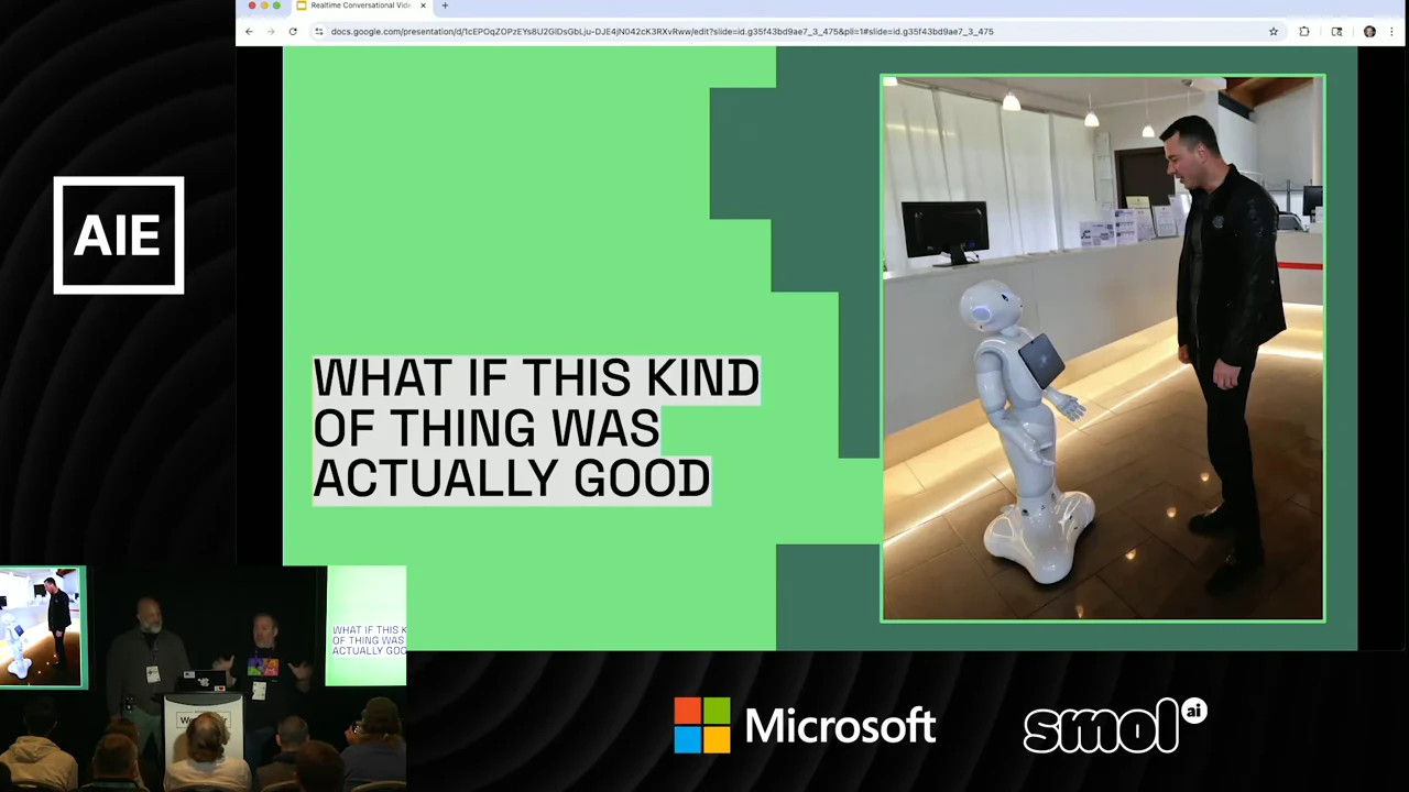 Green slide showing a man facing a small humanoid robot at a counter beside the text “What if this kind of thing was actually good.”