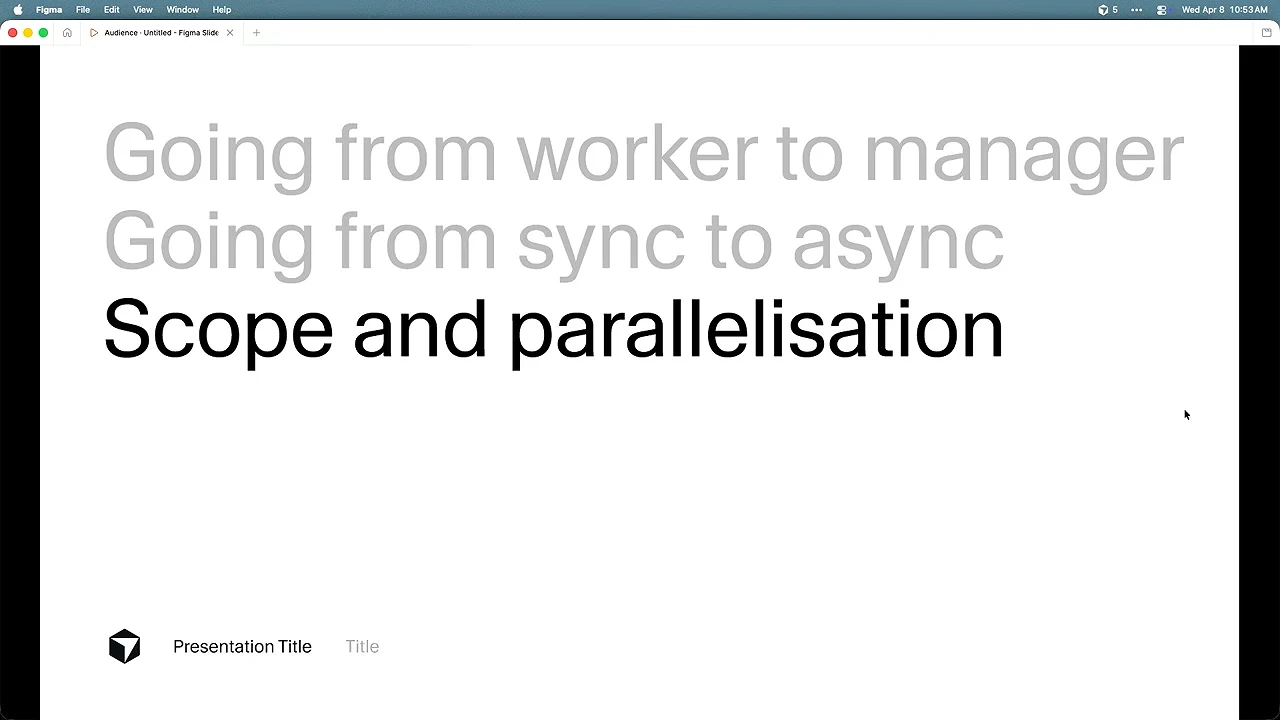 Three-line slide with worker-to-manager and sync-to-async transitions in gray and Scope and parallelisation in black.