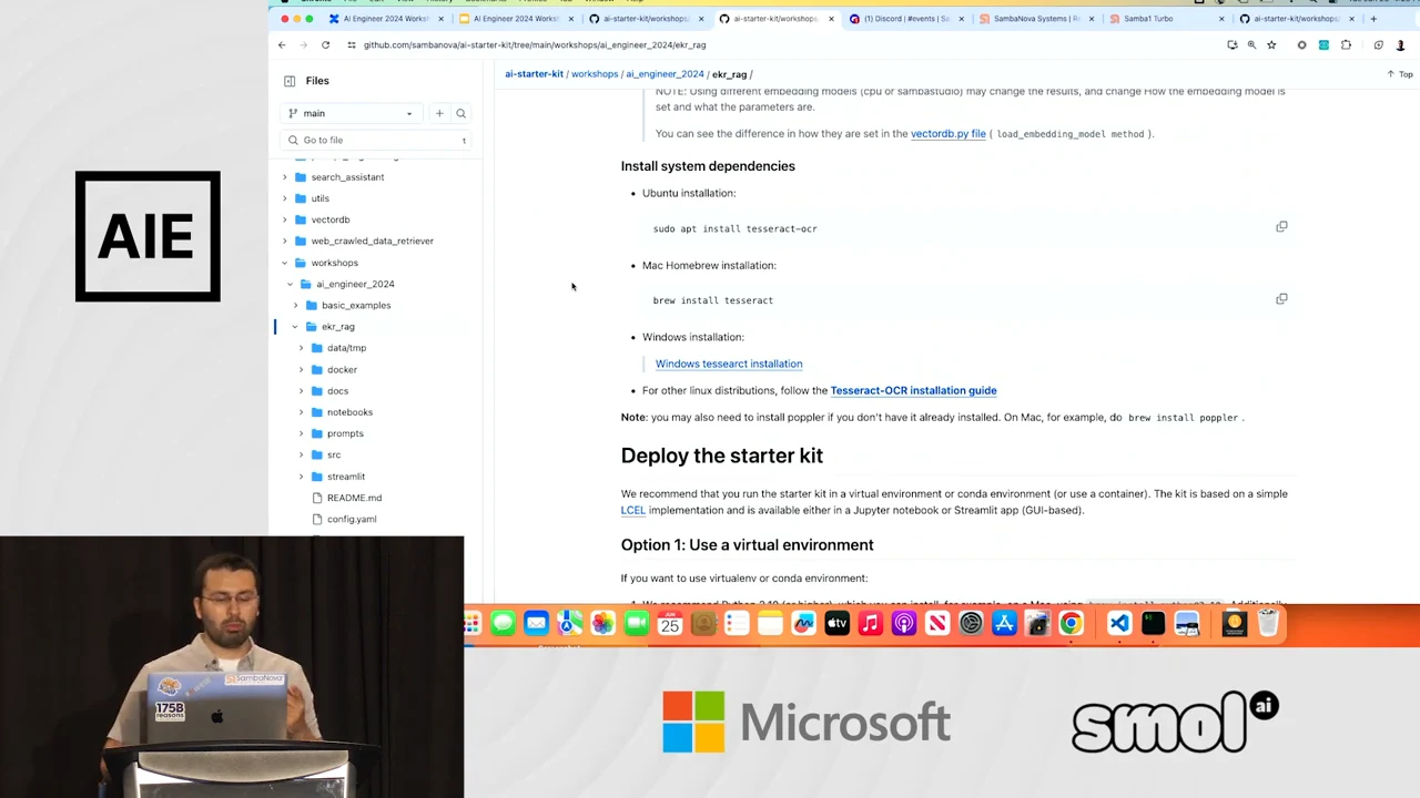 GitHub documentation showing Tesseract installation options for Ubuntu, Mac, and Windows, followed by Deploy the starter kit.