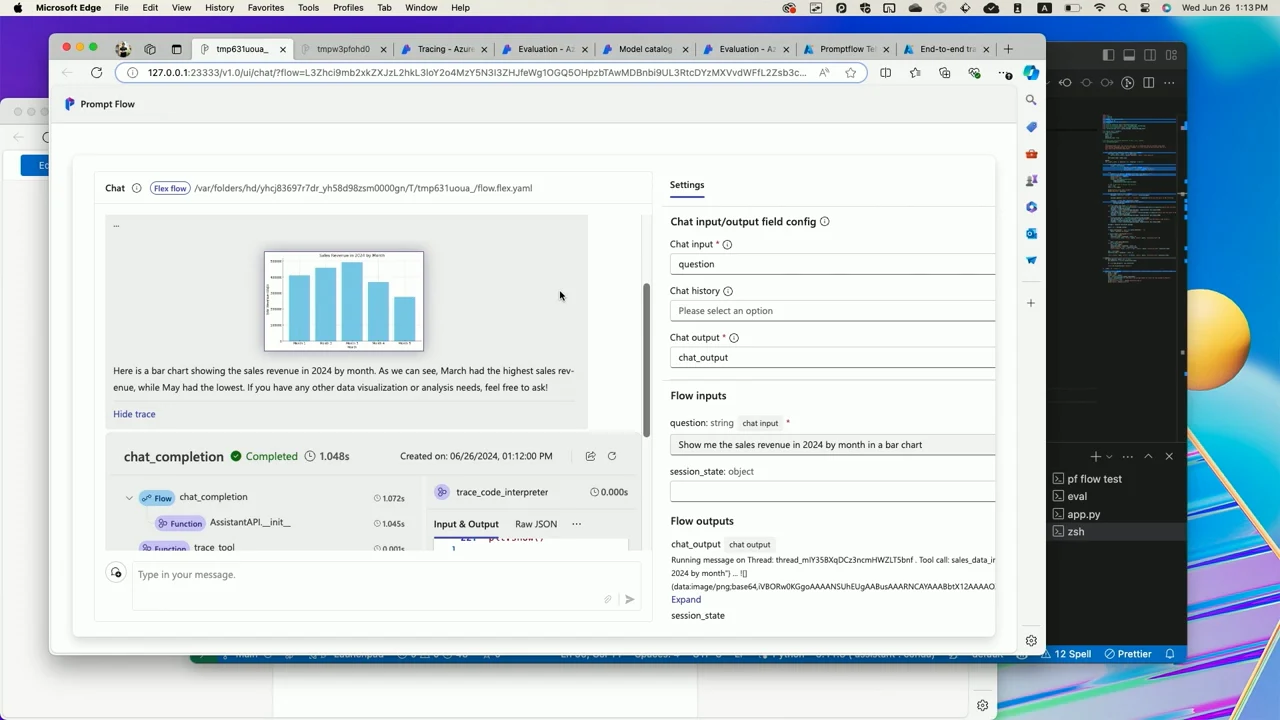 Prompt flow browser interface showing a blue bar chart, a textual response, a completed chat_completion trace, and flow settings.